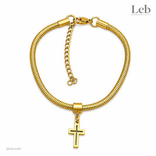 Pulseira com Berloque de Cruz Dourada em Aço Inoxidável